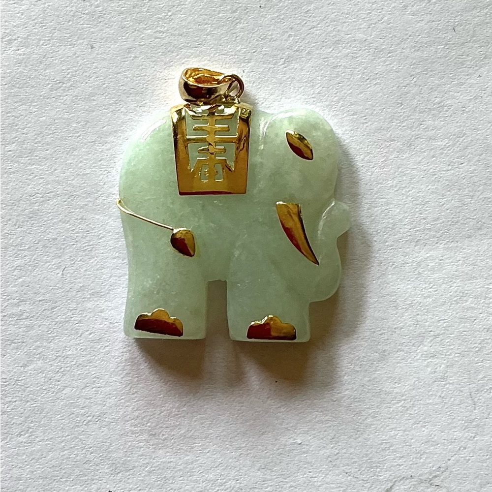 Vintage Jade Elephant Pendant with 14k Gold Accents